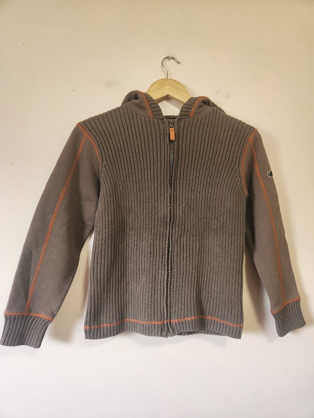 Vintage Skyhawk Ribbed Knit Hybrid Zip Hoodie Brown Orange Youth Medium Y2K EUC